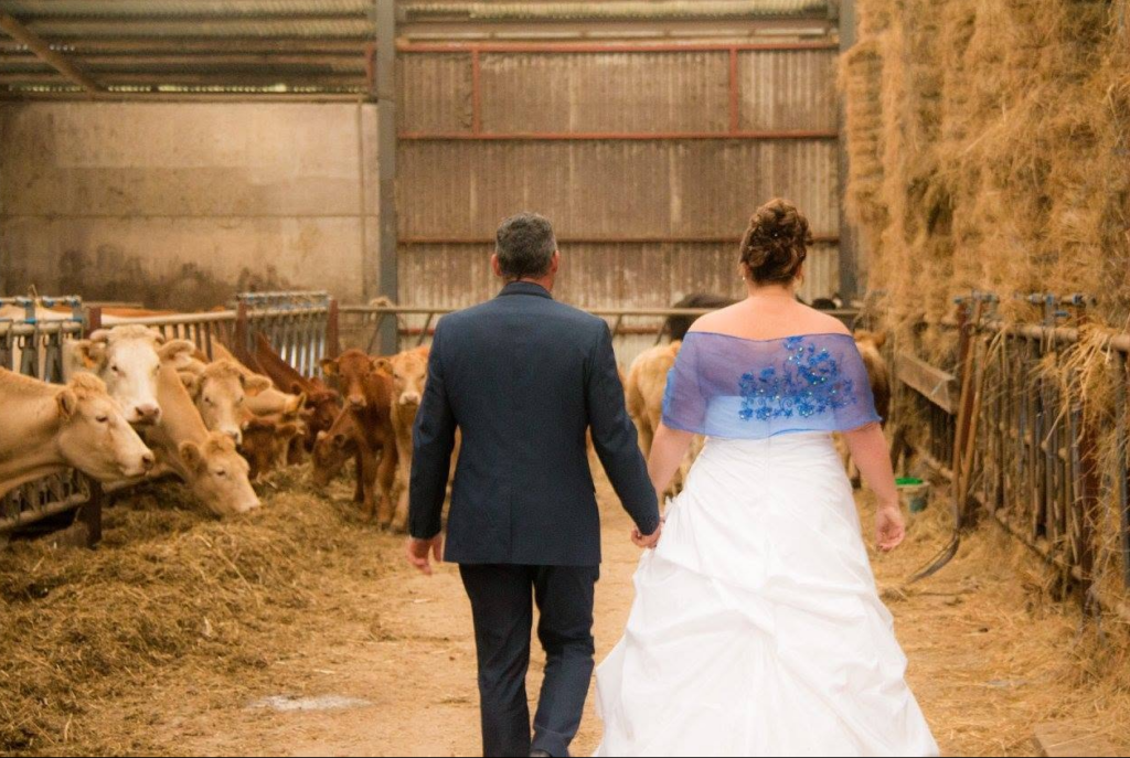 Carine et Philippe le jour de leur mariage, dans l’étable auprès de leur bétail