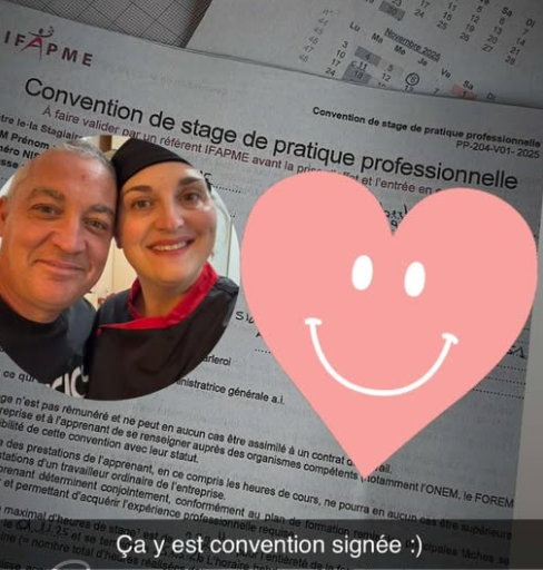 Convention de stage IFAPME signée, avec une photo de Carine et Philippe